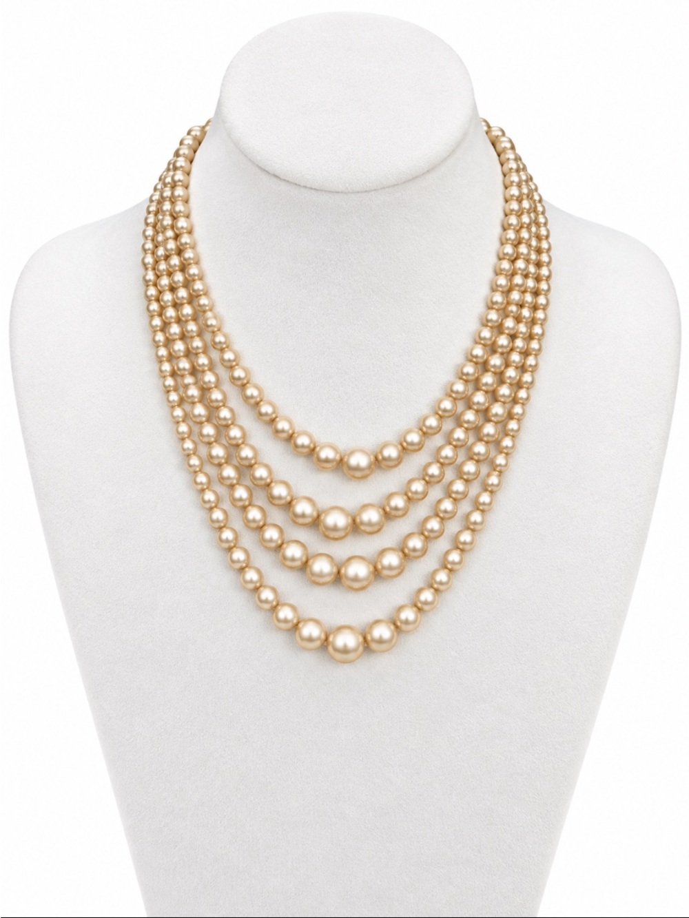 Champagne Pearl Four-Strand Necklace with Rhinestone Scroll Clasp